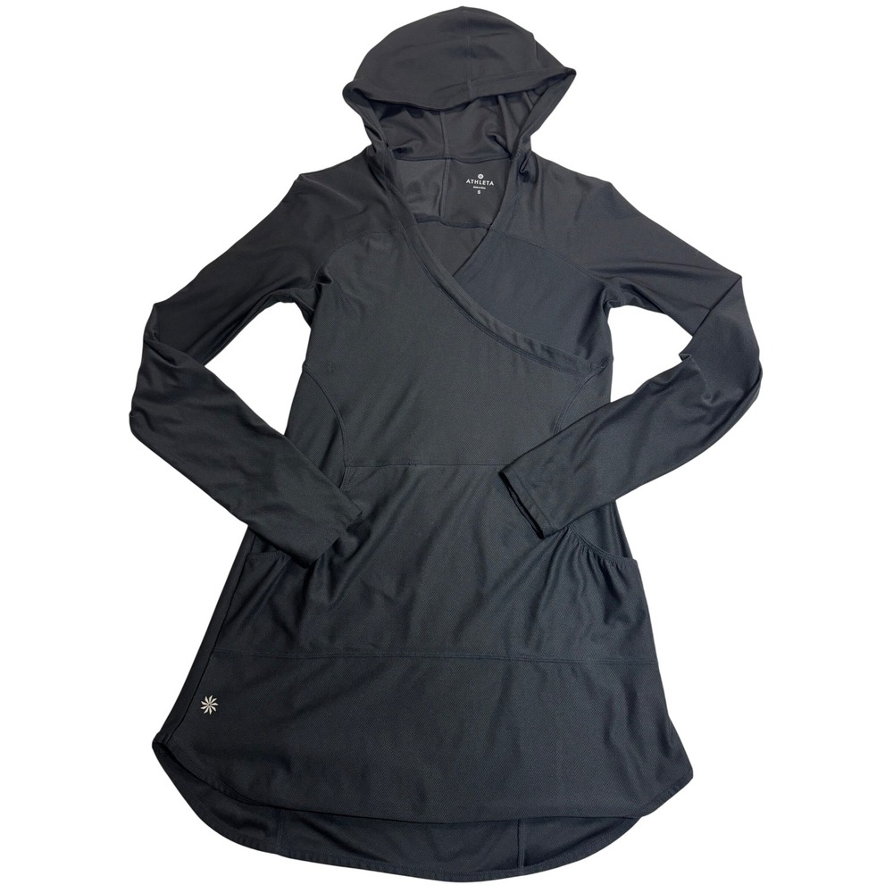 Athleta Active Hooded Dress Women Black Very Good Mesh Pockets Thumbholes Small
